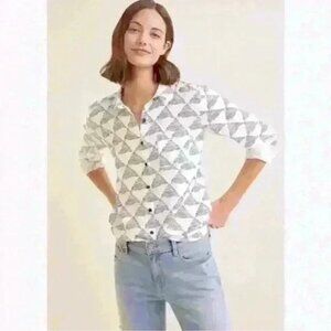 Garnet Hill Shirt 100% Linen Womens Size 14 Green White Geometric Triangle Print